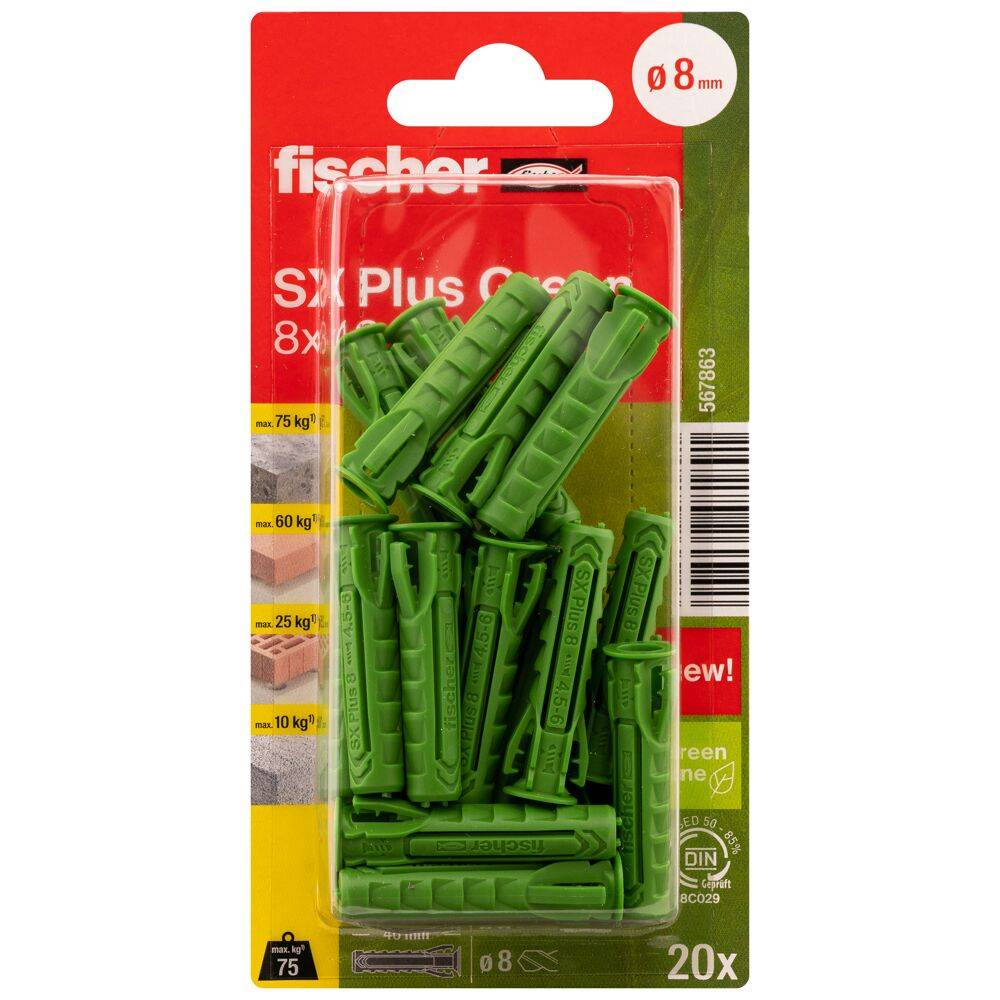Spreizdübel SX Plus Green - Ø 8 mm - Länge 40 mm - ohne Schrauben - Blisterinhalt 20 Stück - VE 5 Blister - Preis per VE