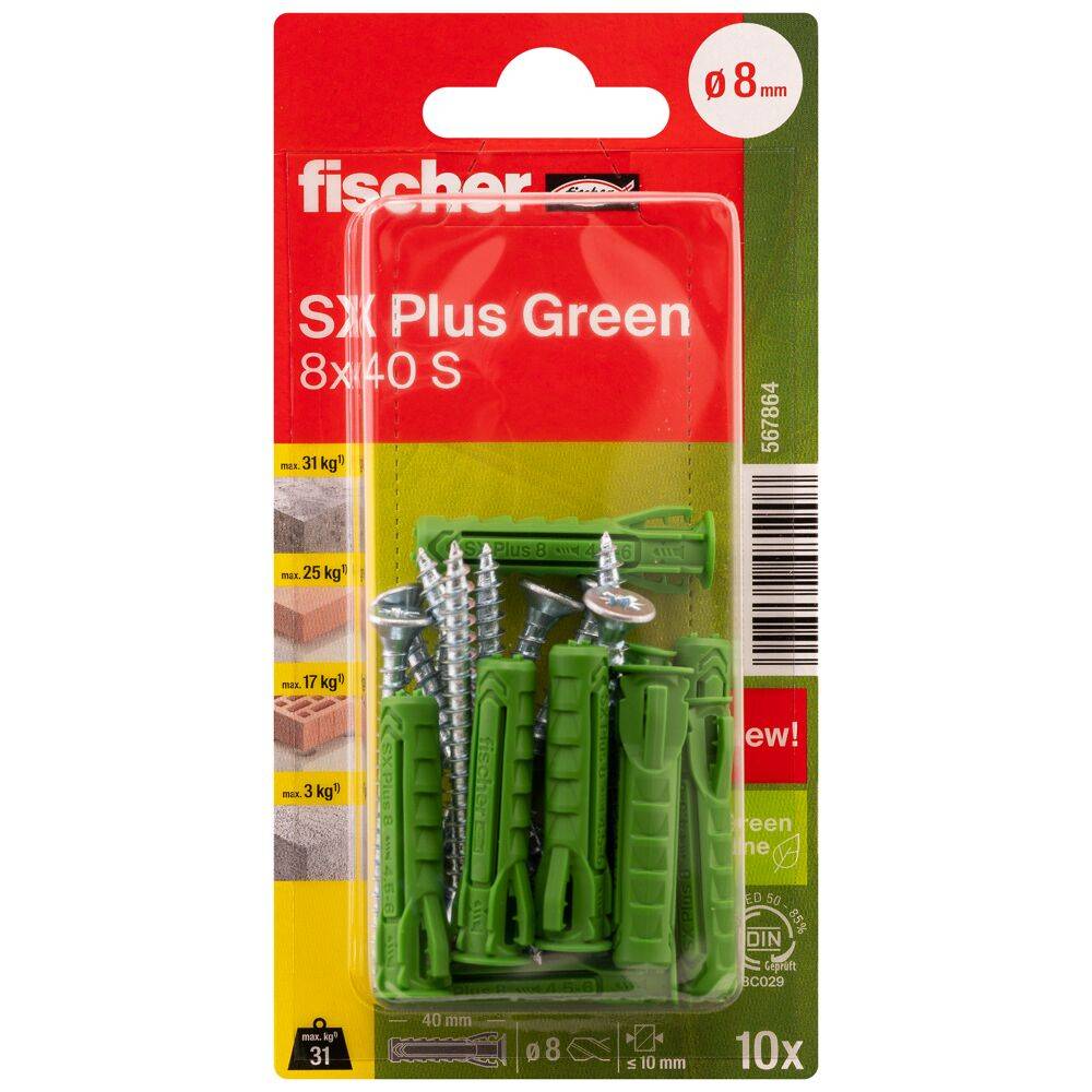 Spreizdübel SX Plus Green - Ø 8 mm - Länge 40 mm - mit Spanplattenschrauben - Blisterinhalt 10 Stück - VE 5 Blister - Preis per VE