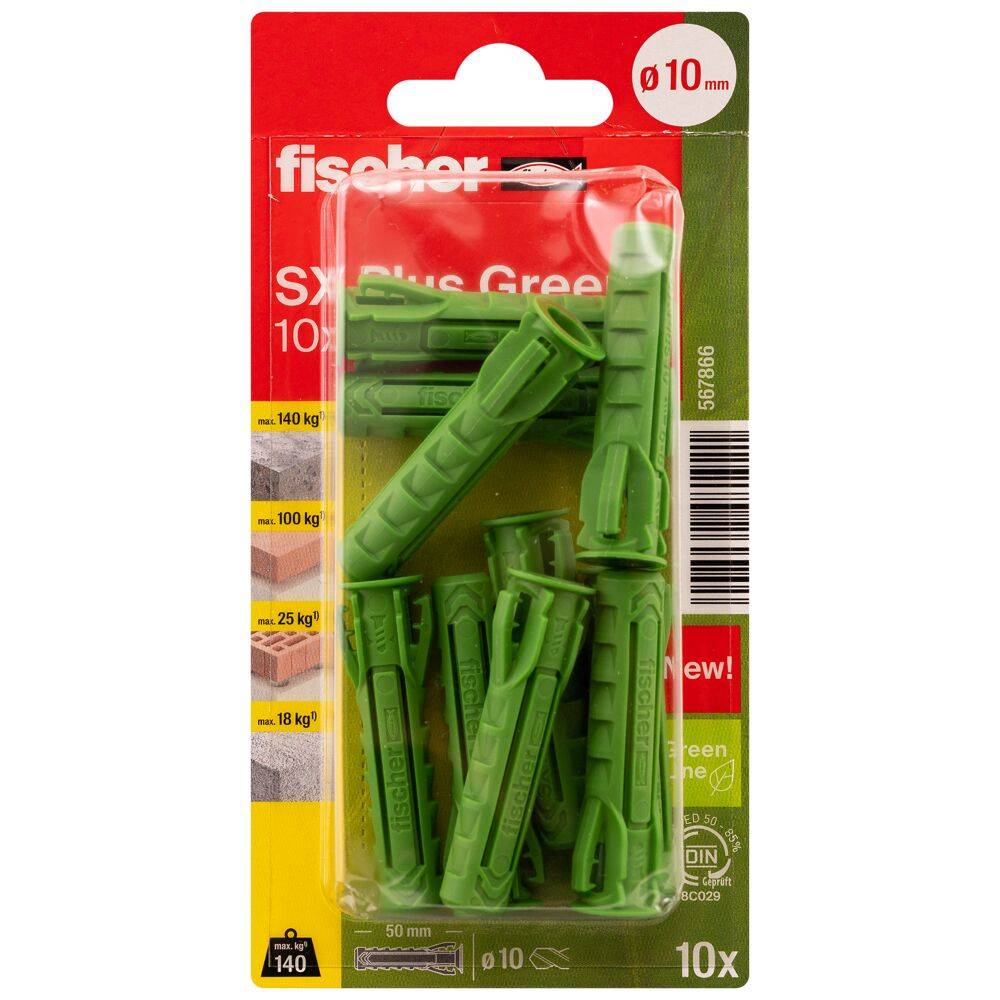 Spreizdübel SX Plus Green - Ø 10 mm - Länge 50 mm - ohne Schrauben - Blisterinhalt 10 Stück - VE 5 Blister - Preis per VE