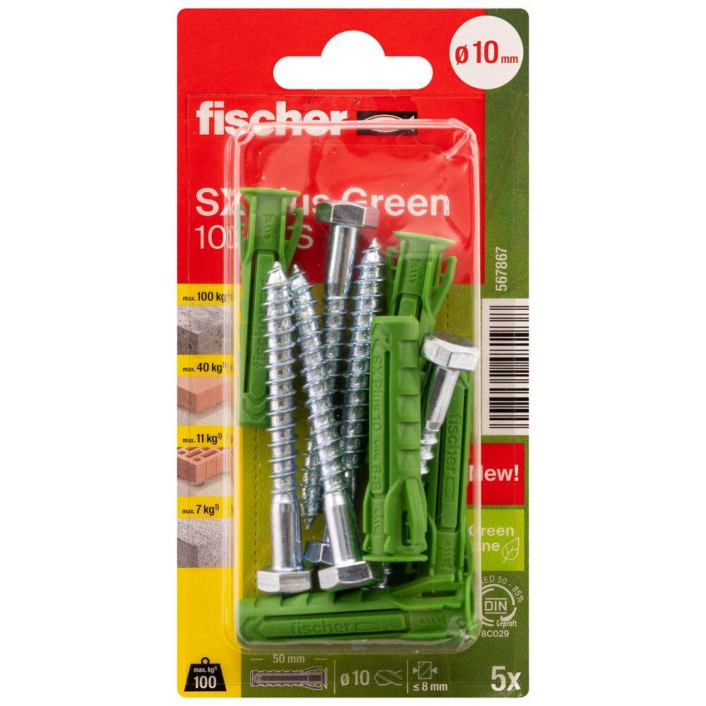 Spreizdübel SX Plus Green - Ø 10 mm - Länge 50 mm - mit Sechskantschrauben - Blisterinhalt 5 Stück - VE 5 Blister - Preis per VE
