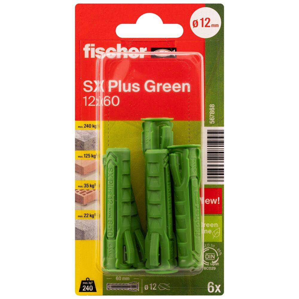 Spreizdübel SX Plus Green - Ø 12 mm - Länge 60 mm - ohne Schrauben - Blisterinhalt 6 Stück - VE 5 Blister - Preis per VE