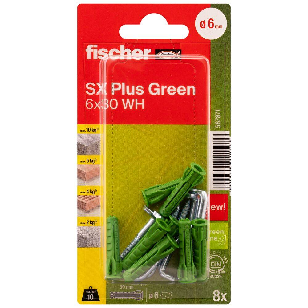 Spreizdübel SX Plus Green - Ø 6 mm - Länge 30 mm - mit Winkelhaken 4,2 x 40 - Blisterinhalt 8 Stück - VE 5 Blister - Preis per VE