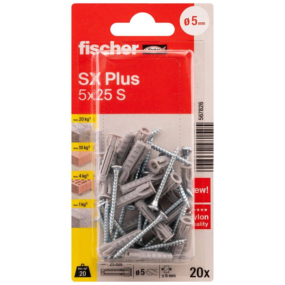 Spreizdübel SX Plus - Ø 5 mm - Länge 25 mm - mit Spanplattenschrauben - Blisterinhalt 20 Stück - VE 5 Blister - Preis per VE