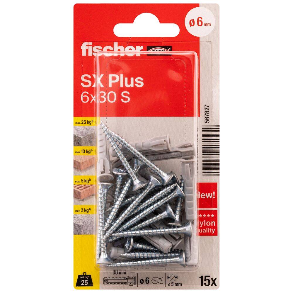 Spreizdübel SX Plus - Ø 6 mm - Länge 30 mm - mit Spanplattenschrauben - Blisterinhalt 15 Stück - VE 5 Blister - Preis per VE