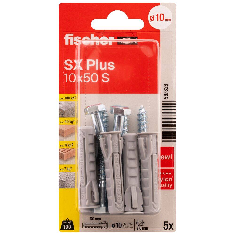 Spreizdübel SX Plus - Ø 10 mm - Länge 50 mm - mit Sechskant-Schrauben - Blisterinhalt 5 Stück - VE 5 Blister- Preis per VE