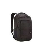 Schwarzer Rucksack mit gepolsterten Schultergurten und einer vorderen Reißverschlusstasche auf weißem Hintergrund.