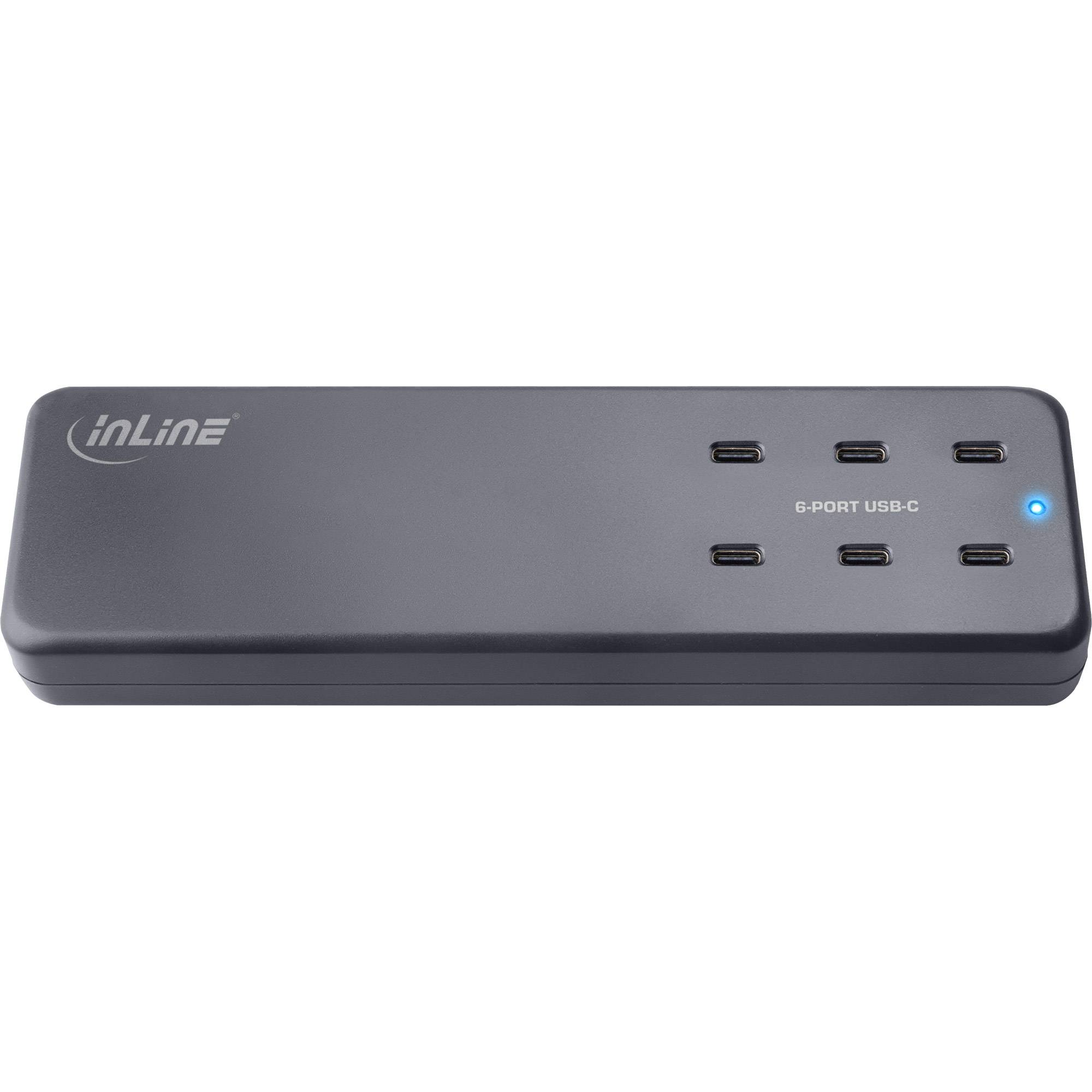 Schwarzer inLine 6-Port USB-C Hub mit sechs USB-C-Anschlüssen und blauer Anzeigeleuchte