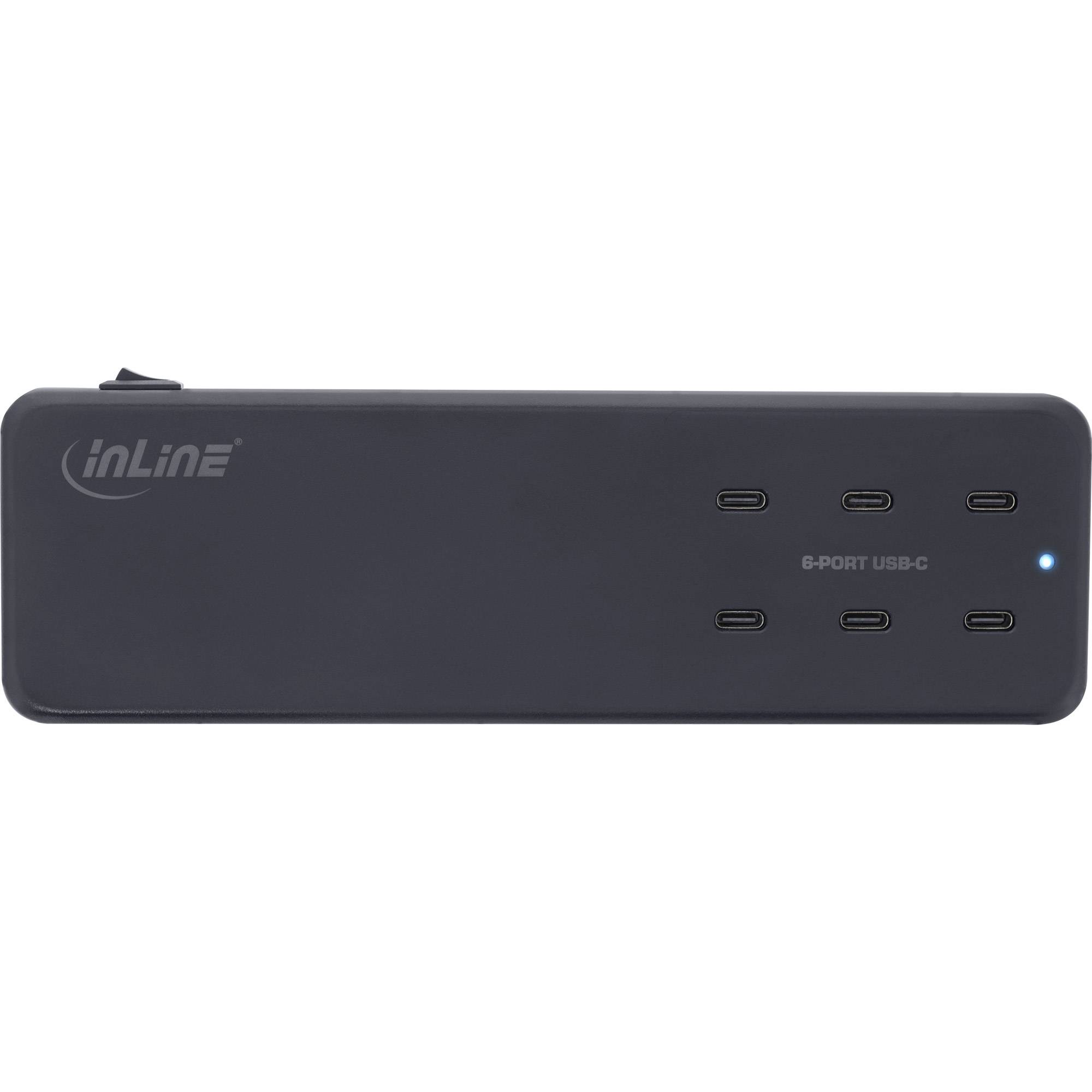 Schwarzer InLine 8-Port USB-C Hub mit blauem Anzeigelicht und mehreren USB-C-Anschlüssen auf der Vorderseite.