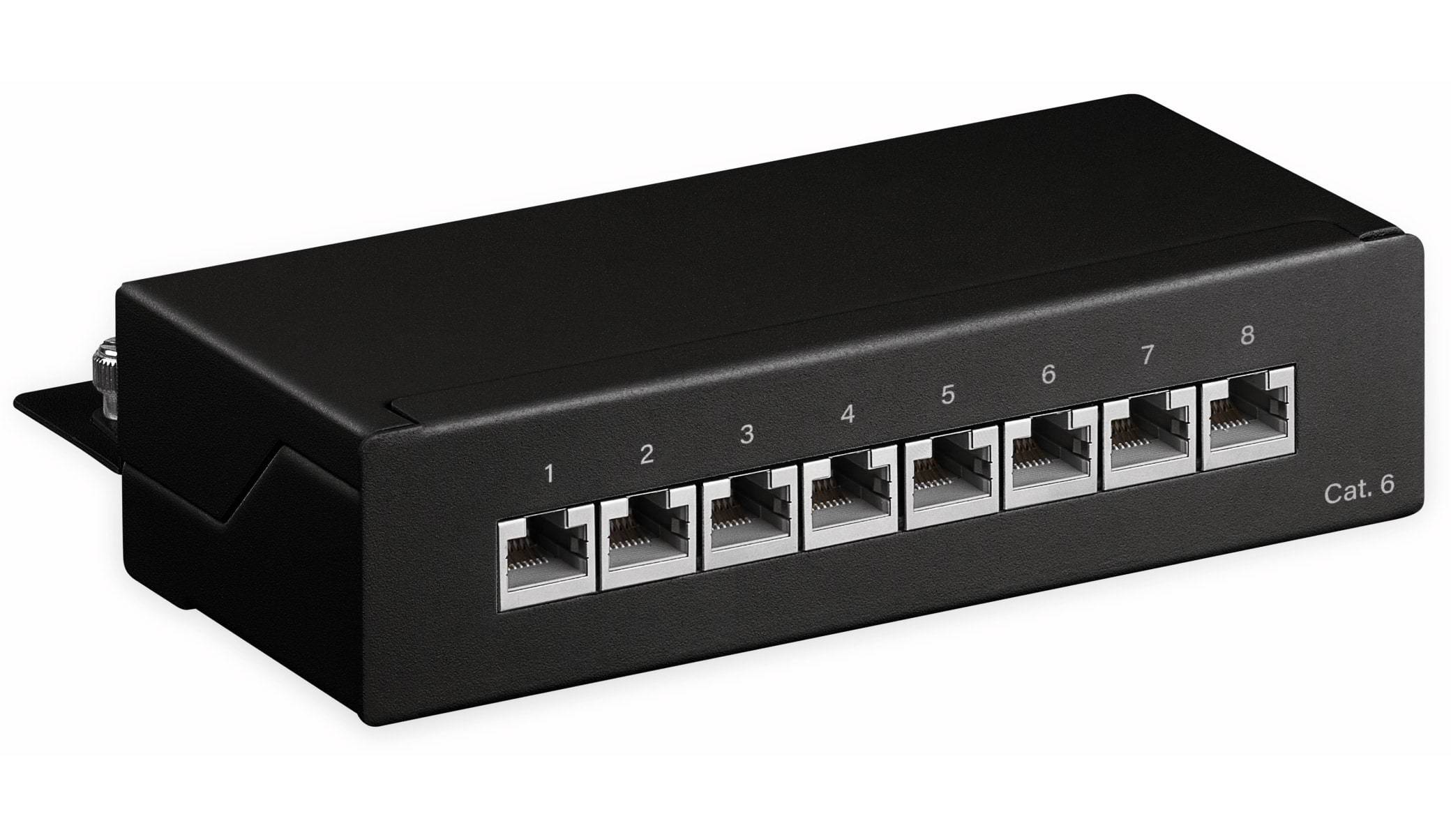 Ein schwarzer Ethernet-Switch mit acht nummerierten Anschlüssen, der zum Verbinden von Geräten in einem Netzwerk verwendet wird.
