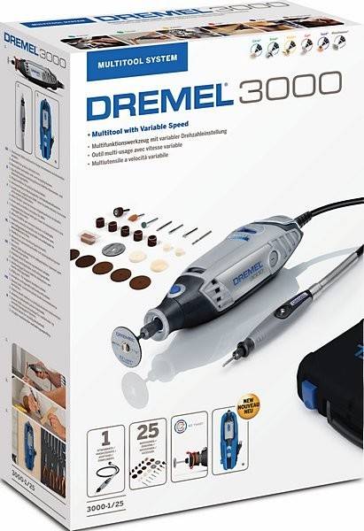Dremel 3000 Multifunktionswerkzeug-Set mit Zubehör. Die Verpackung hebt die variable Geschwindigkeitsfunktion hervor. Abbildungen zeigen Anwendungsbeispiele und Inhalt des Sets.