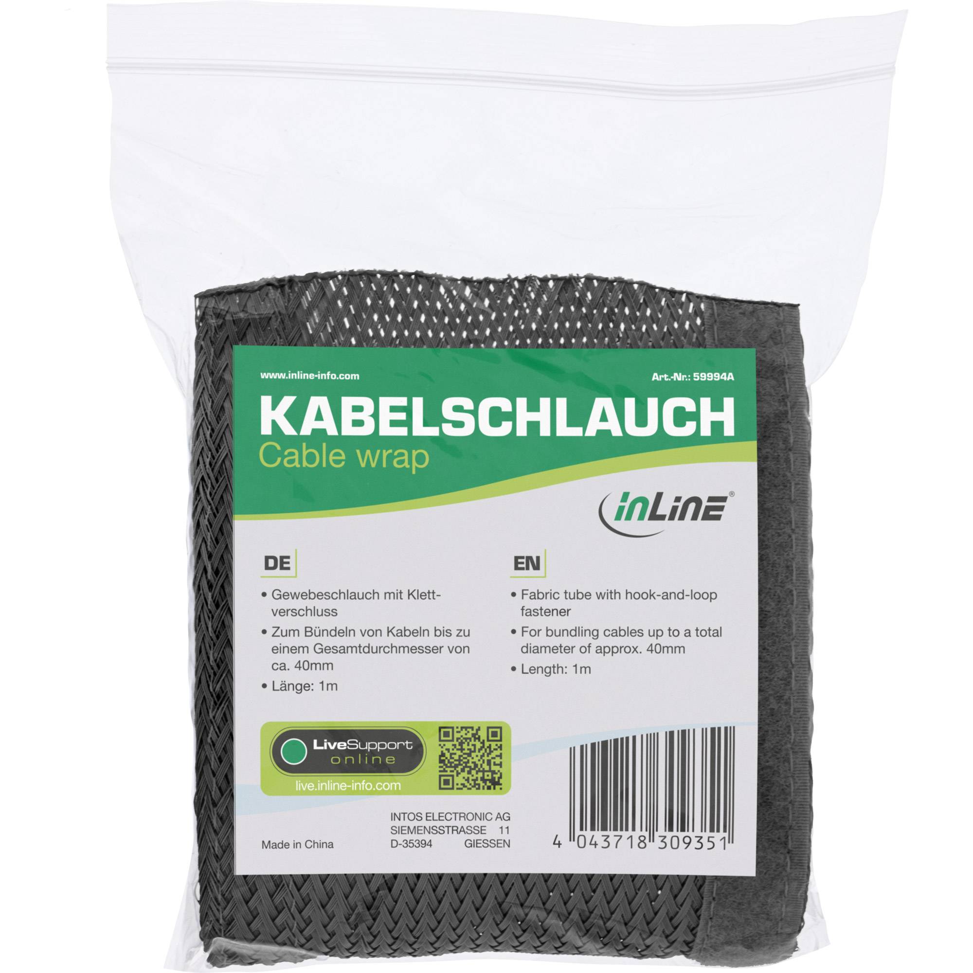 INLINE - Kabelschlauch - Gewebeschlauch mit Klettverschluss - 1m x 40mm schwarz