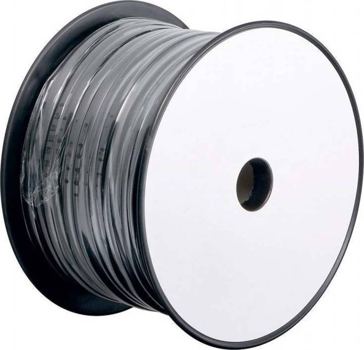 Eine große Spule aus transparentem Drahtfilament, sauber aufgewickelt, mit weißen kreisförmigen Seiten und einer zentralen Öffnung zum Aufsetzen auf eine Maschine.