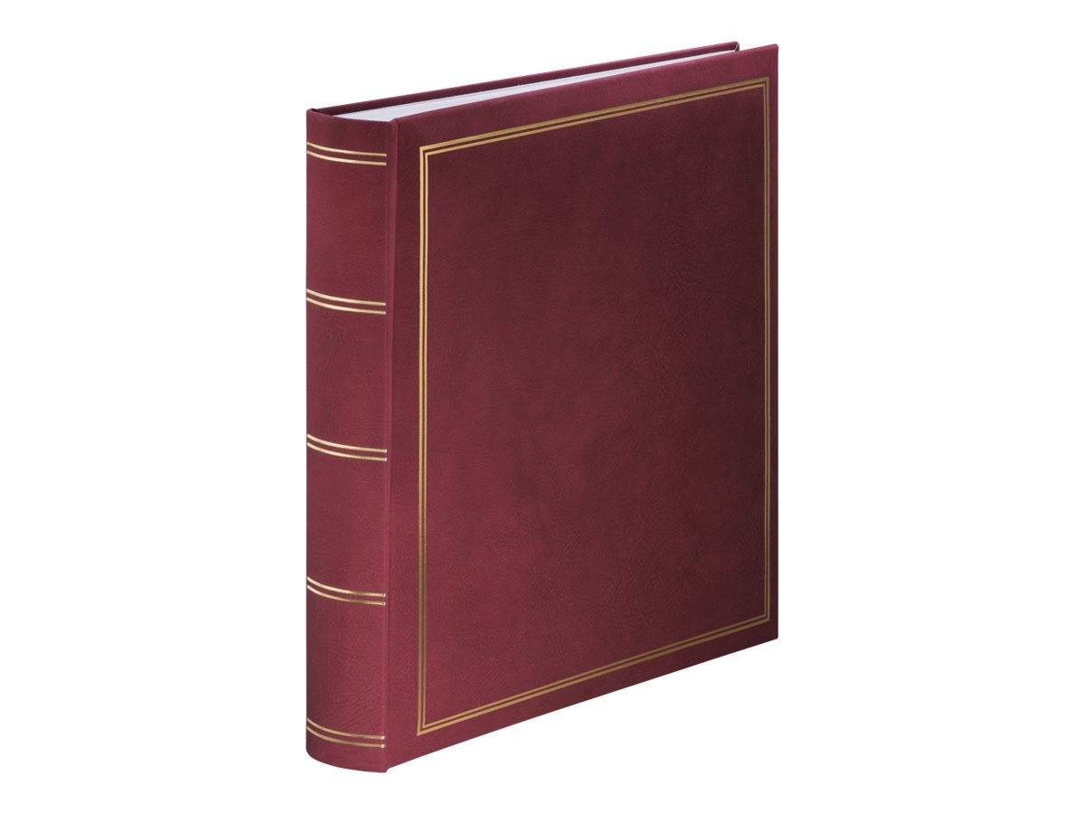Dunkelrot gebundenes Buch oder Album mit goldenem Randbesatz, geschlossen auf weißem Hintergrund gezeigt.