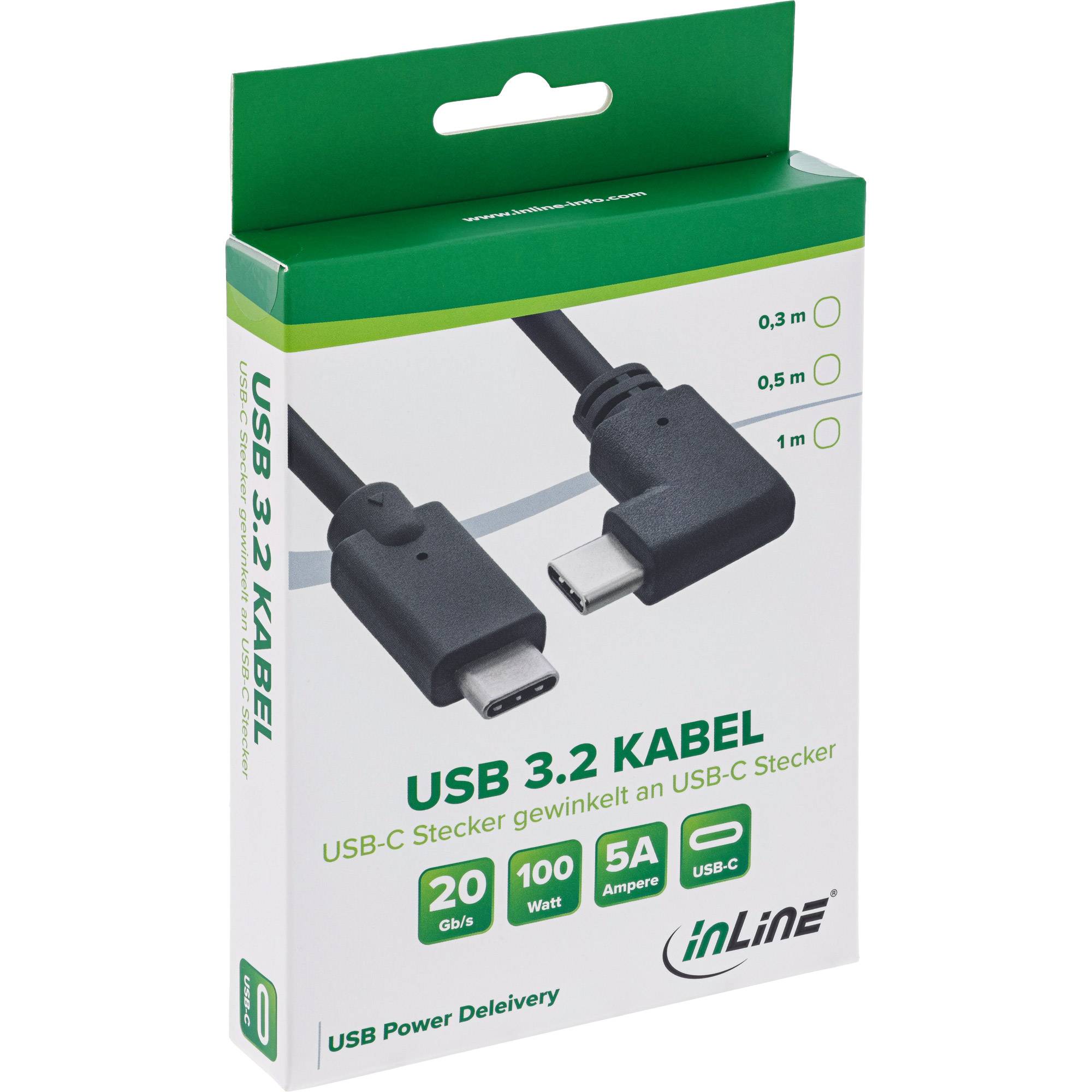 Paket für ein InLine USB 3.2 USB-C Winkelkabel, gezeigt mit zwei USB-C-Steckern und Längenvarianten von 0,3 m, 0,5 m oder 1 m.