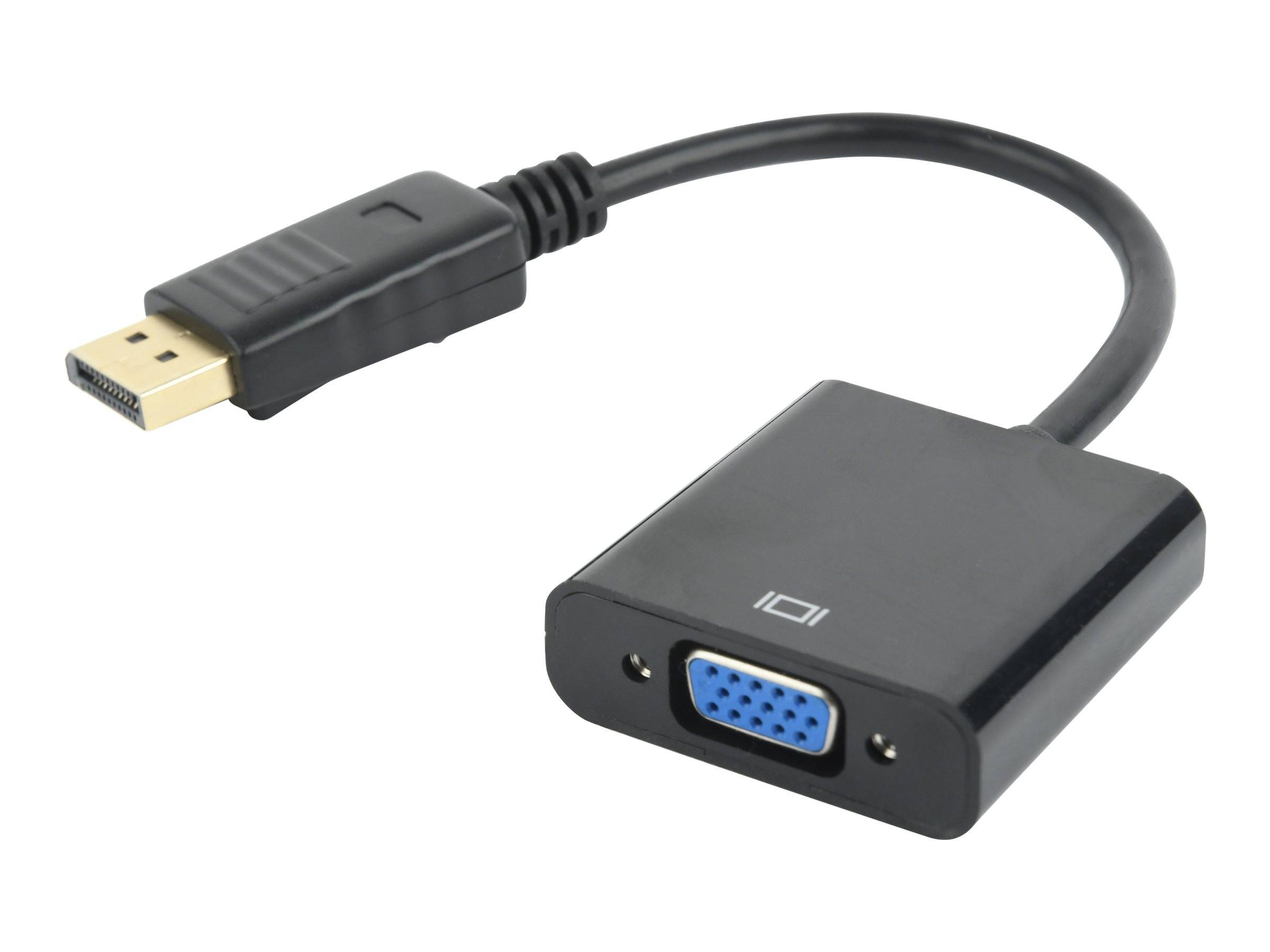 DisplayPort-zu-VGA-Adapterkabel zum Anschluss eines DisplayPort-fähigen Geräts an einen VGA-Monitor. Verfügt über ein schwarzes Kabel und Anschlüsse.