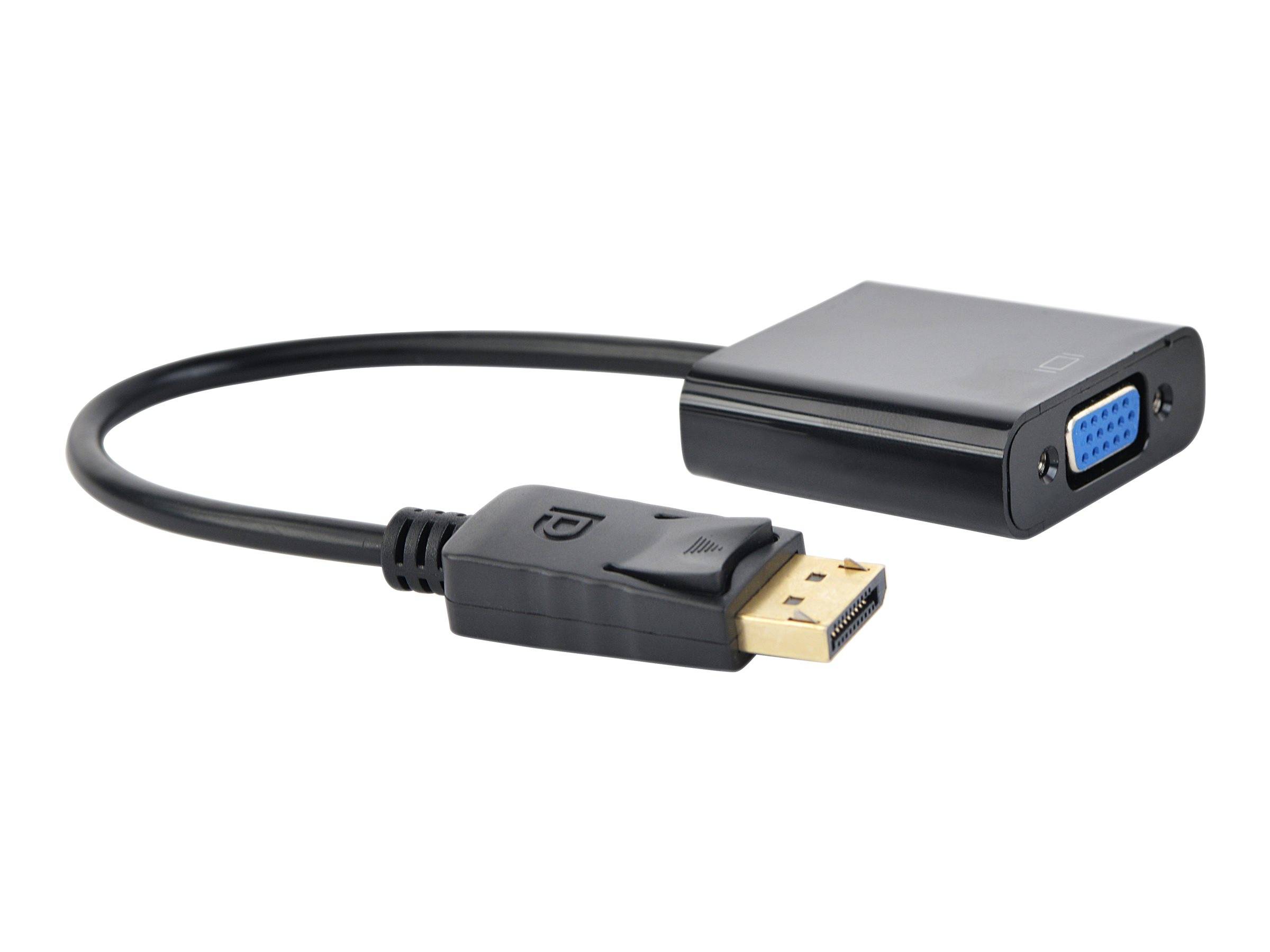 Schwarzes DisplayPort-auf-VGA-Adapterkabel mit einem DisplayPort-Anschluss auf der einen Seite und einem VGA-Anschluss auf der anderen Seite.