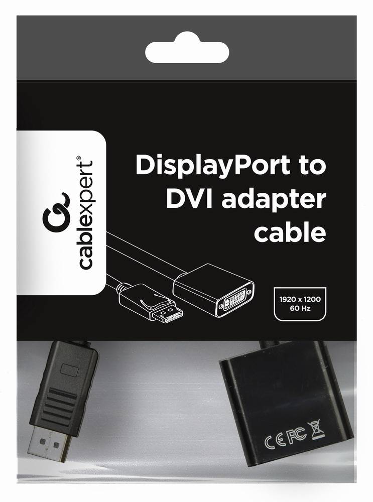 Paket für Cablexpert DisplayPort-zu-DVI-Adapterkabel, mit sichtbaren Kabelenden und Etikett „1920 x 1200 60 Hz"