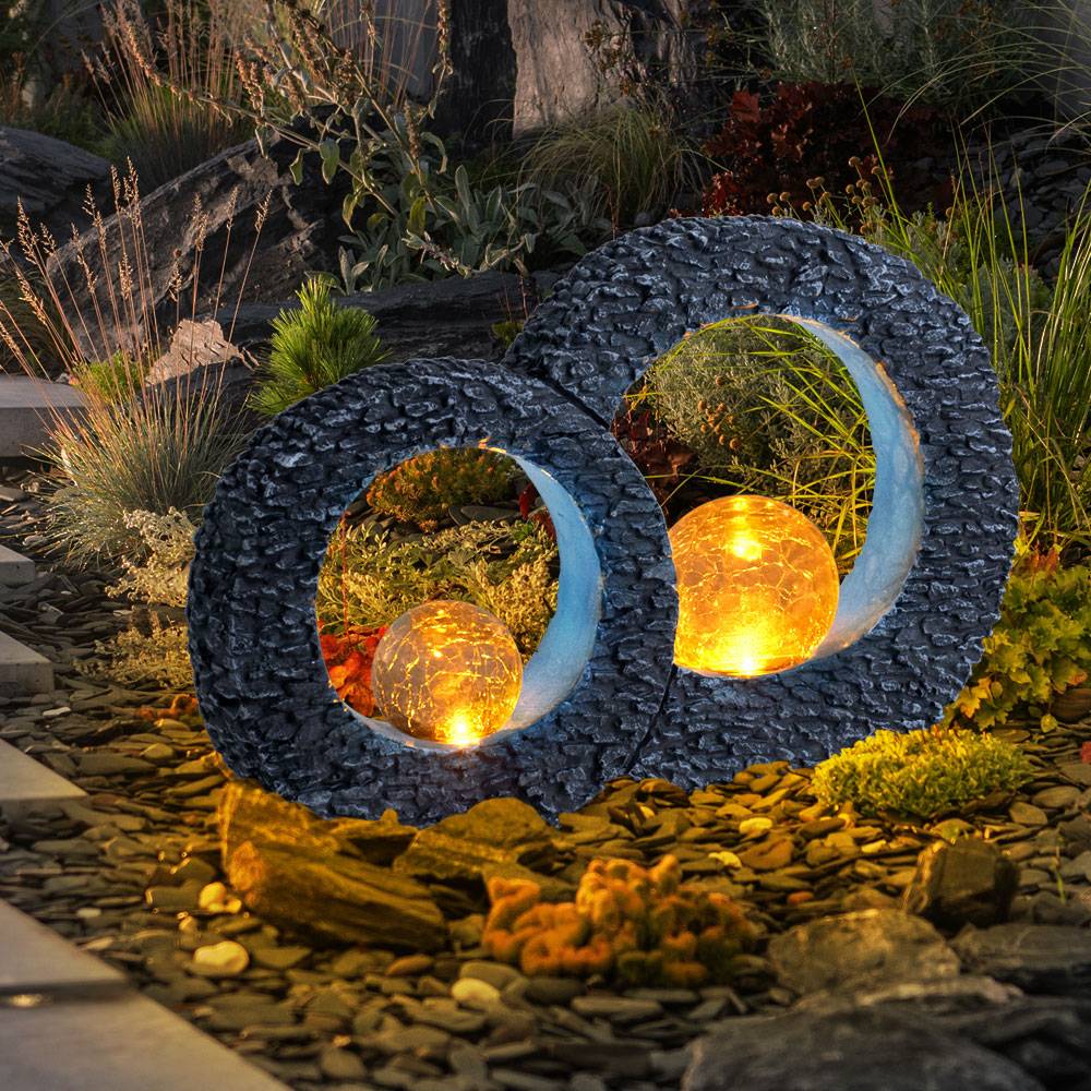 Gartendeko Solarleuchte Balkonbeleuchtung Solar Dekoleuchte Skulptur Solar Leuchte Terrassen Deko, mit Feuereffekt Glaskugel, Stein Optik grau blau