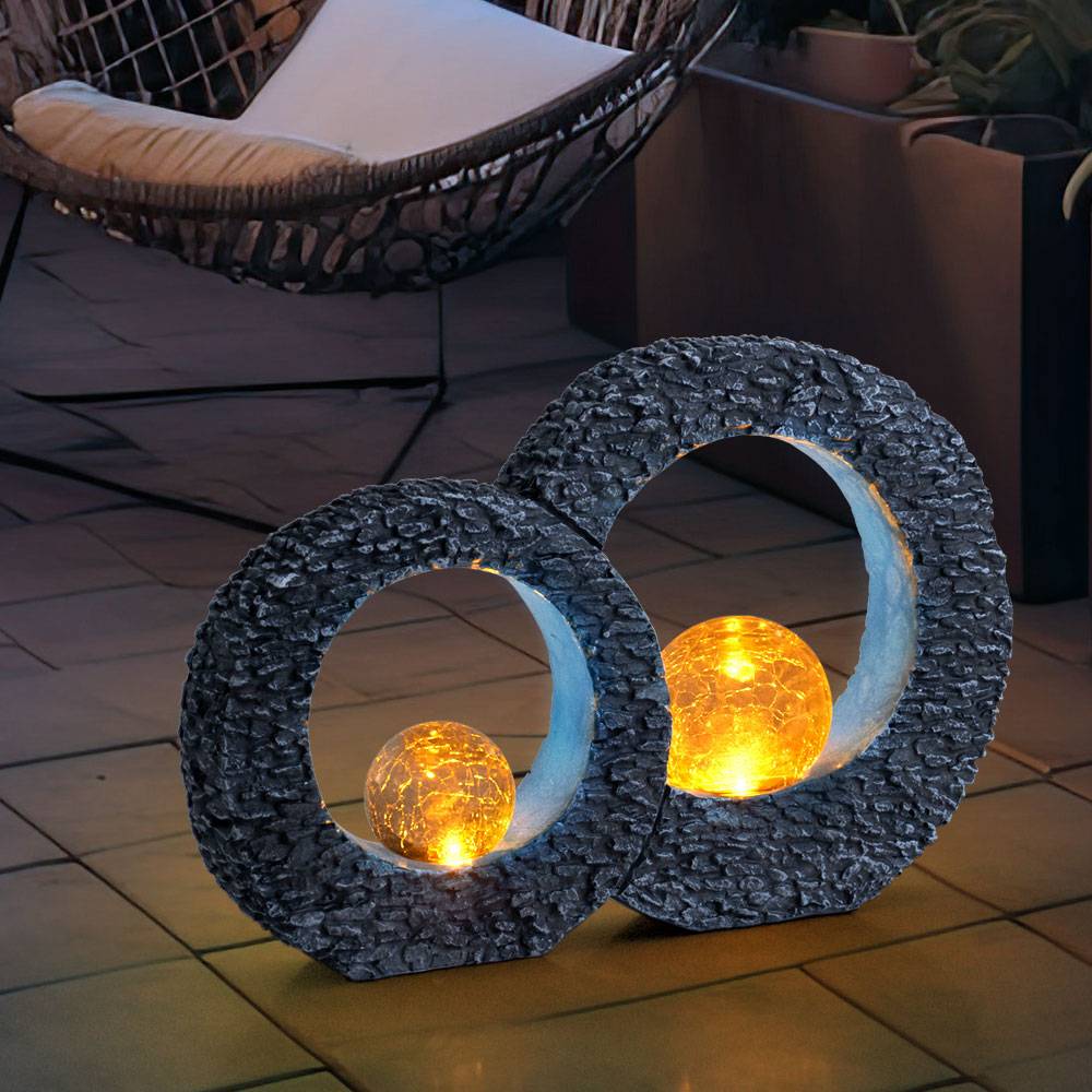 Gartendeko Solarleuchte Balkonbeleuchtung Solar Dekoleuchte Skulptur Solar Leuchte Terrassen Deko, mit Feuereffekt Glaskugel, Stein Optik grau blau