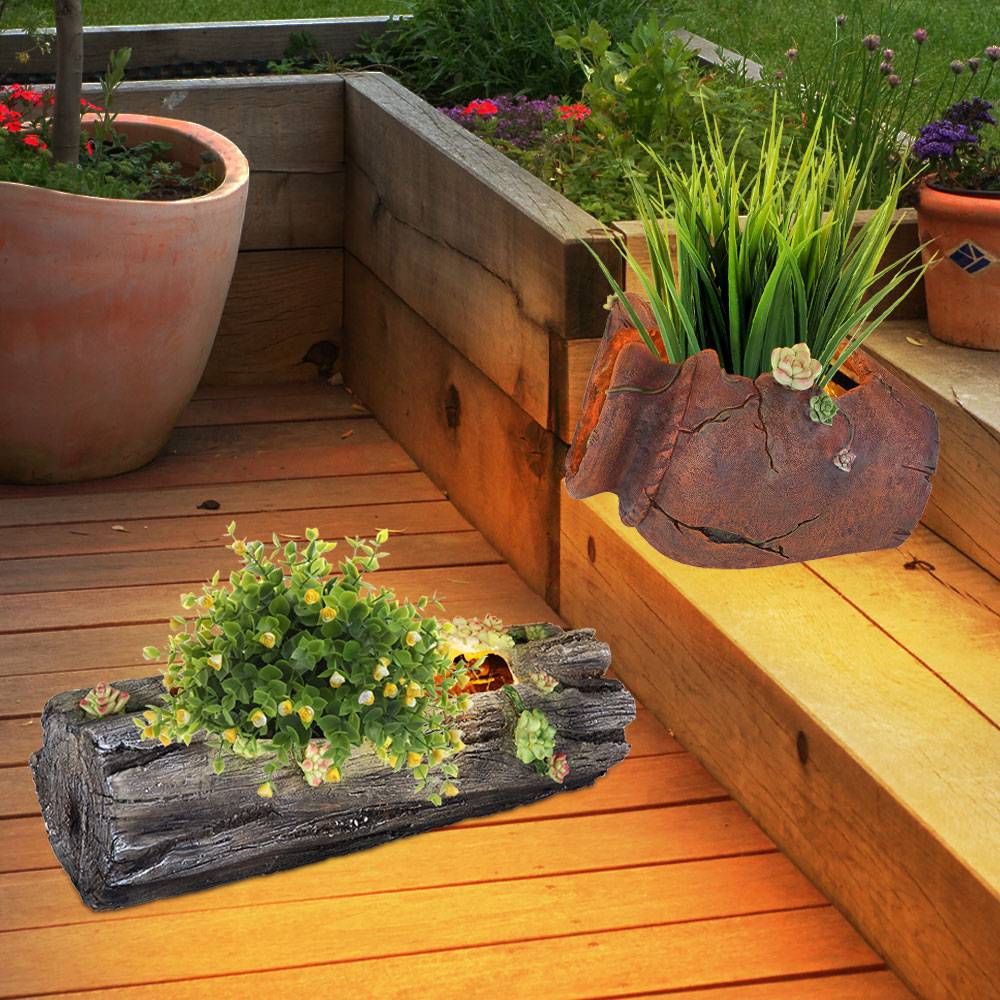 Solar Blumentopf Pflanzgefäß Beleuchtet Deko Licht für Haus und Garten, 1x Baumstamm 1x Blumenvase Antik, LED warmweiß, 2er Set