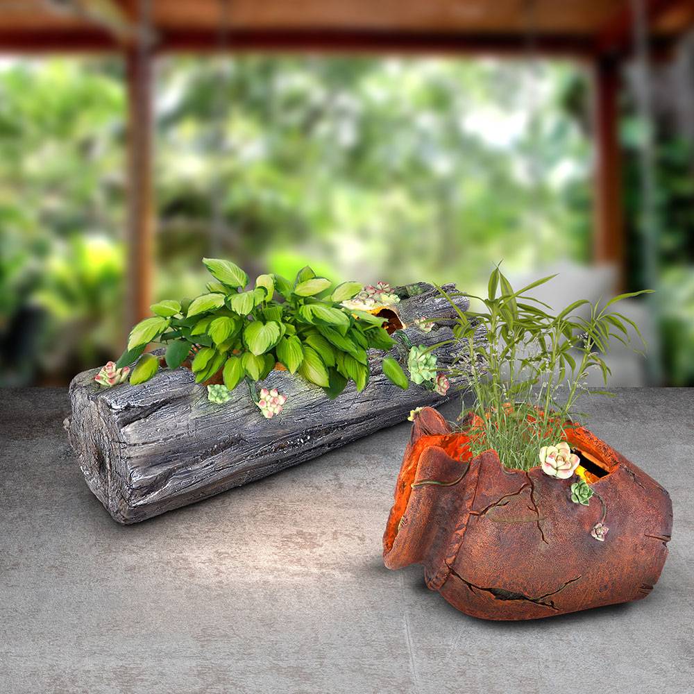 Solar Blumentopf Pflanzgefäß Beleuchtet Deko Licht für Haus und Garten, 1x Baumstamm 1x Blumenvase Antik, LED warmweiß, 2er Set