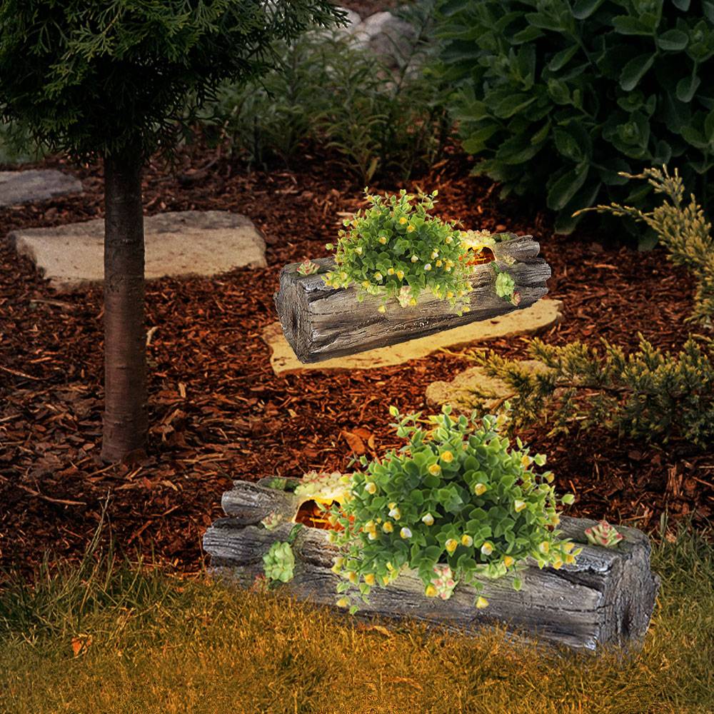 Solar Pflanzgefäß Blumentopf Deko Licht für Haus und Garten in Baumstammoptik, grau antik, 1x LED warmweiß, LxH 44,3x13,5 cm, 2er Set