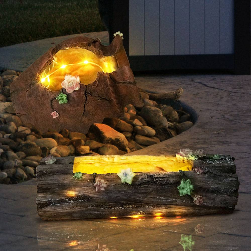 Solar Blumentopf Pflanzgefäß Beleuchtet Deko Licht für Haus und Garten, 1x Baumstamm 1x Blumenvase Antik, LED warmweiß, 2er Set