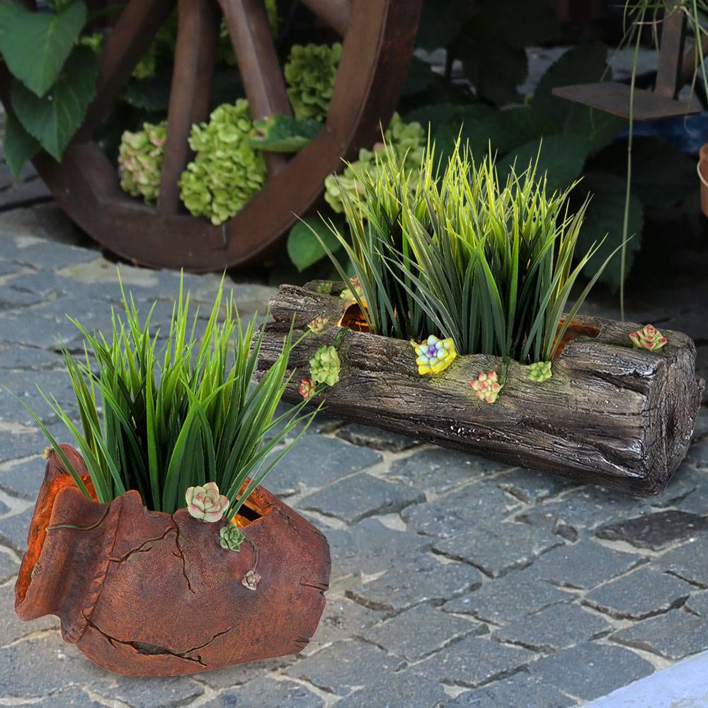 Solar Blumentopf Pflanzgefäß Beleuchtet Deko Licht für Haus und Garten, 1x Baumstamm 1x Blumenvase Antik, LED warmweiß, 2er Set