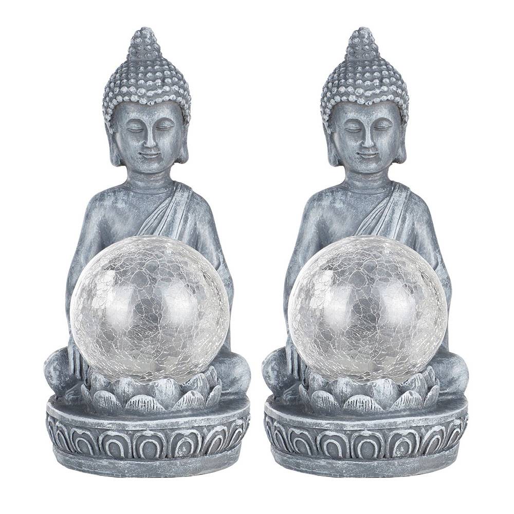 LED Solarleuchte Buddha Figur mit crackle Glaskugel Garten Terrassen Dekoration, farbwechsel, 1x LED warmweiß, H 19,5 cm, 2er Set
