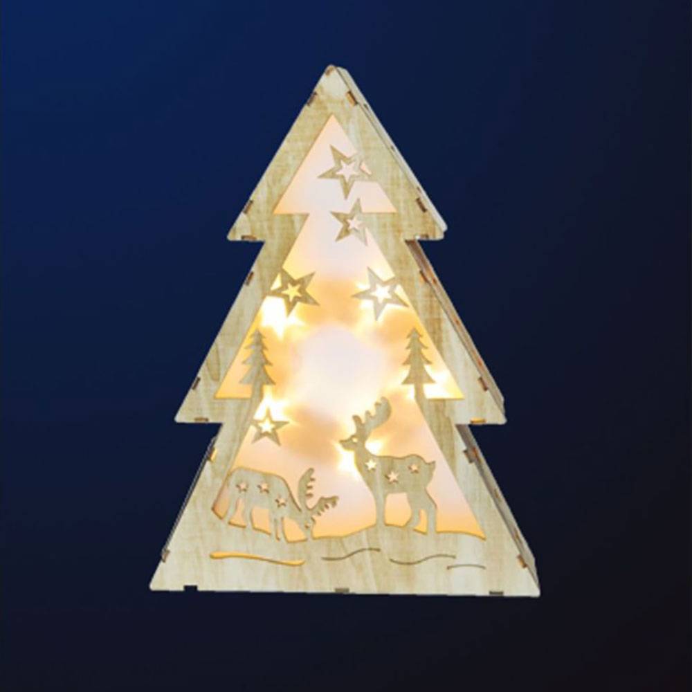 Dekobaum Leuchttanne Dekoleuchte Weihnachtstanne Adventsleuchte Holztanne Weihnachtsdekoration Wohnzimmer, Sperrholz Natur Rentier Motiv, 10x LED