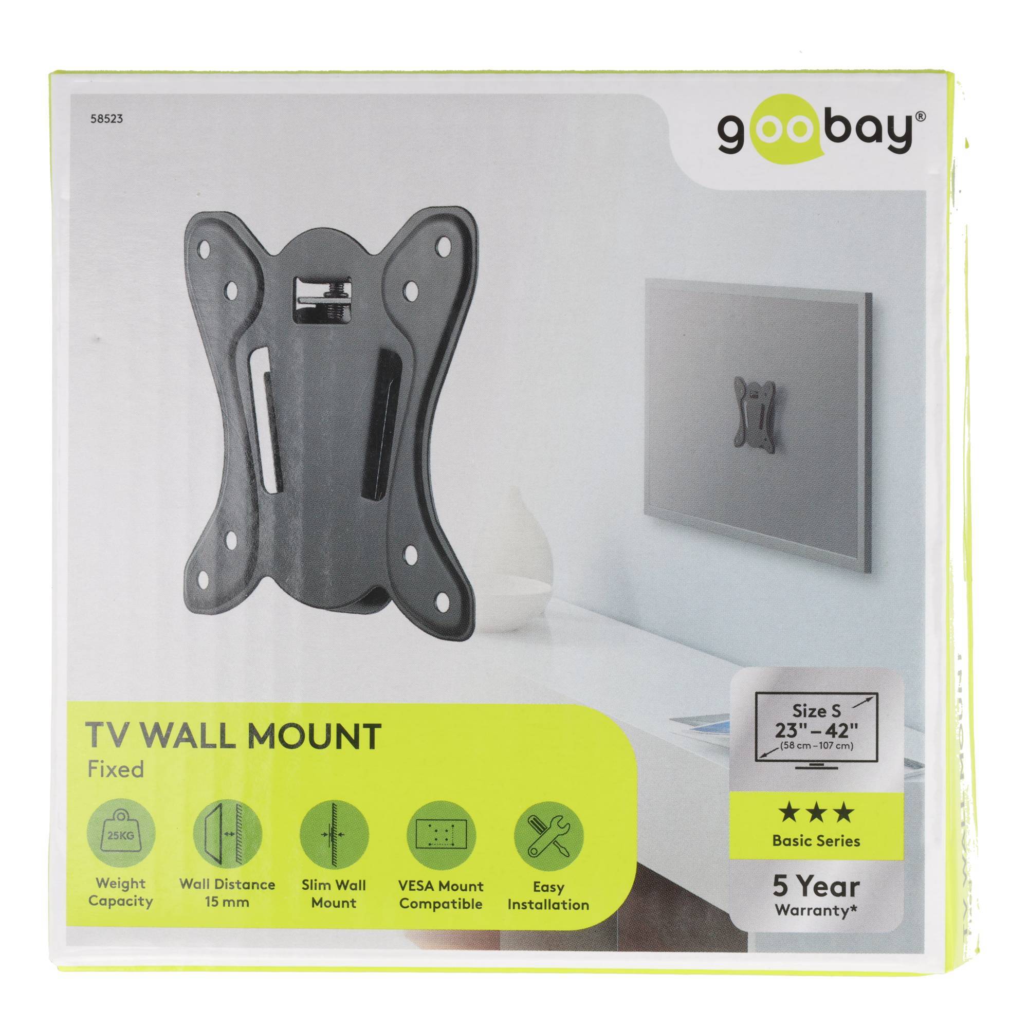 Goobay feststehende TV-Wandhalterung Verpackung, die eine schlanke VESA-kompatible Halterung für 23-42 Zoll Fernseher mit einfacher Installation und 5-jähriger Garantie zeigt.