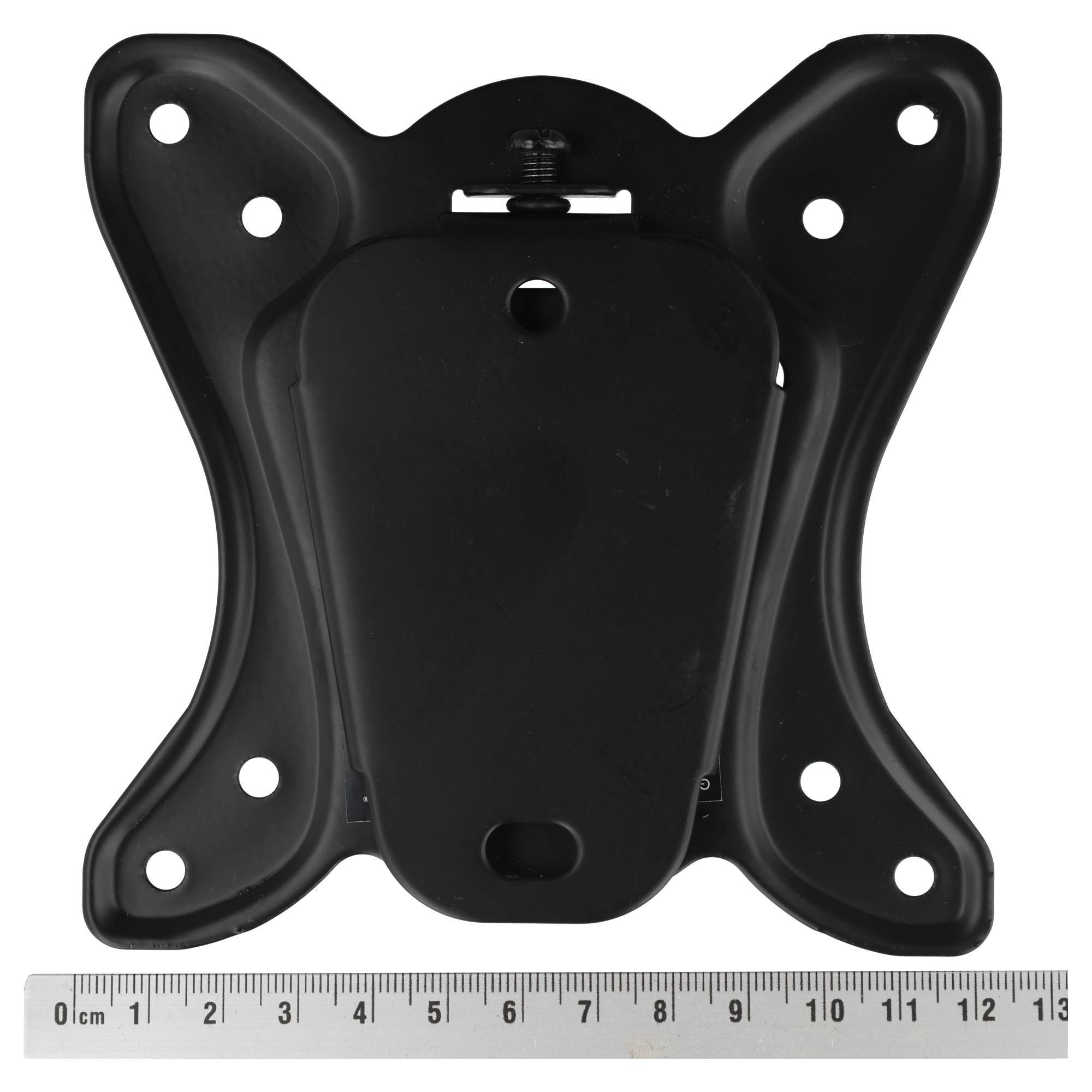 Schwarze Metall-TV-Wandhalterung mit mehreren VESA-Befestigungslöchern, oben neben einem Zentimeterlineal gezeigt.