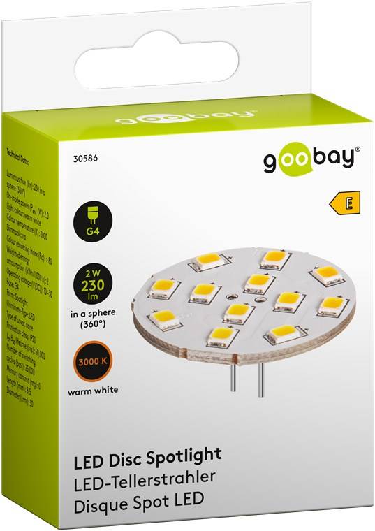 Das Bild zeigt die Verpackung für einen Goobay LED-Strahler, 2W, 230 Lumen, mit kugelförmiger (360°) Lichtausbreitung und warmweiß (3000K) Farbton.