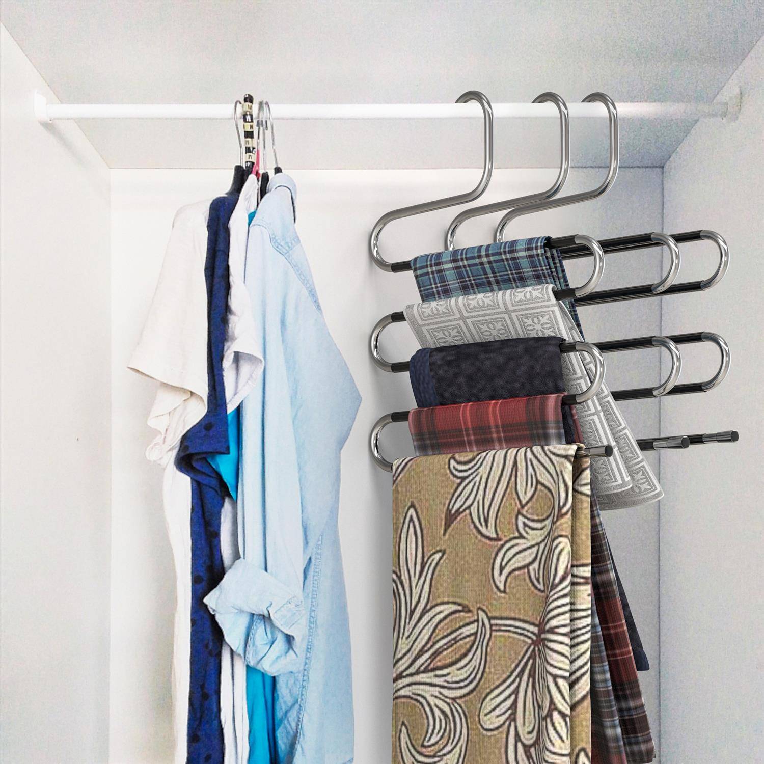 Intirilife 5x S-Form Hosenbügel in Silber - Platzsparender Kleiderbügel für Hosen Schals Krawatten Gürtel und Handtücher