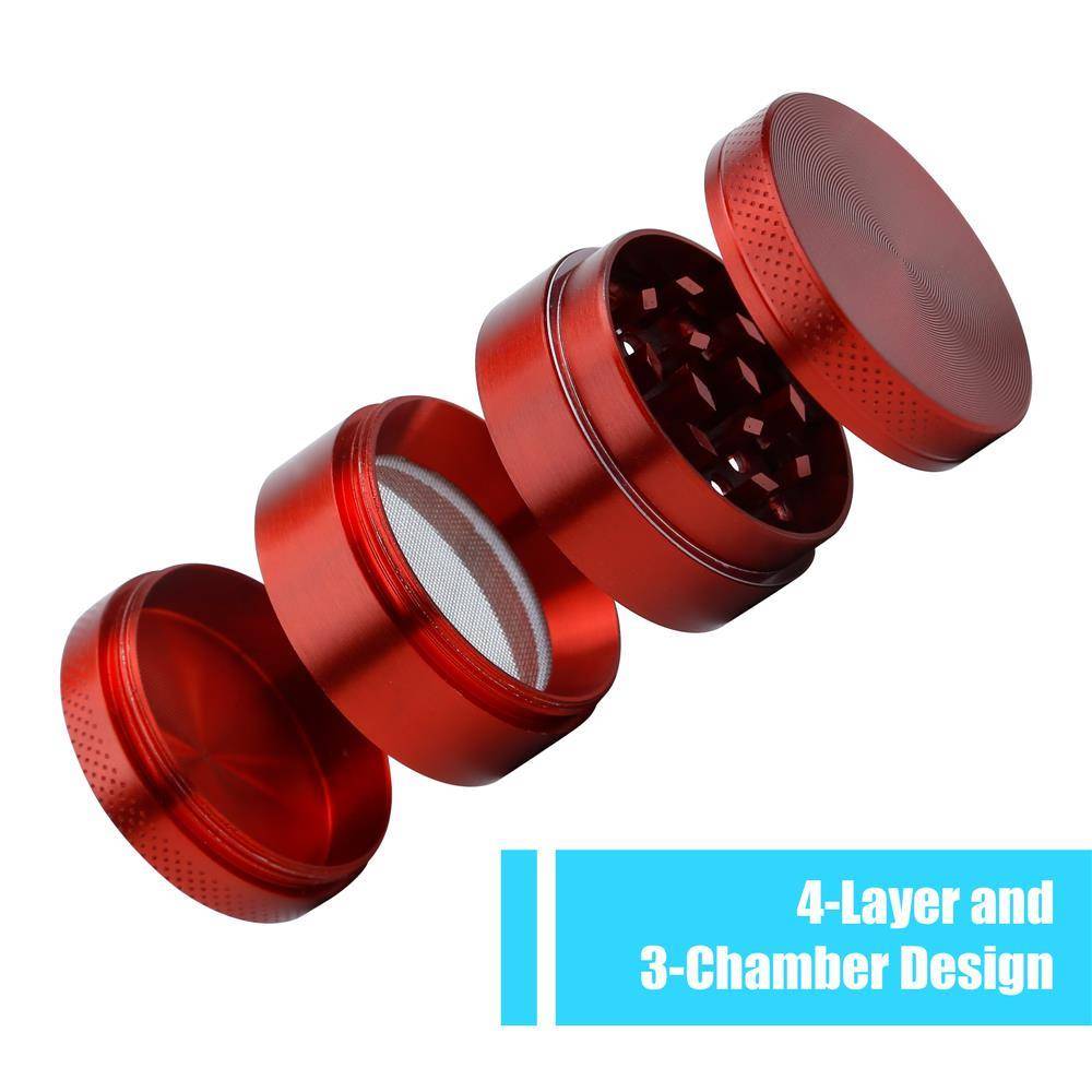 Intirilife Grinder in METALLIC ROT – 4-teiliger Küchen Crusher aus Metall zum Zerkleinern und Schreddern von Gewürzen, Kräutern, Tabak, Pflanzen