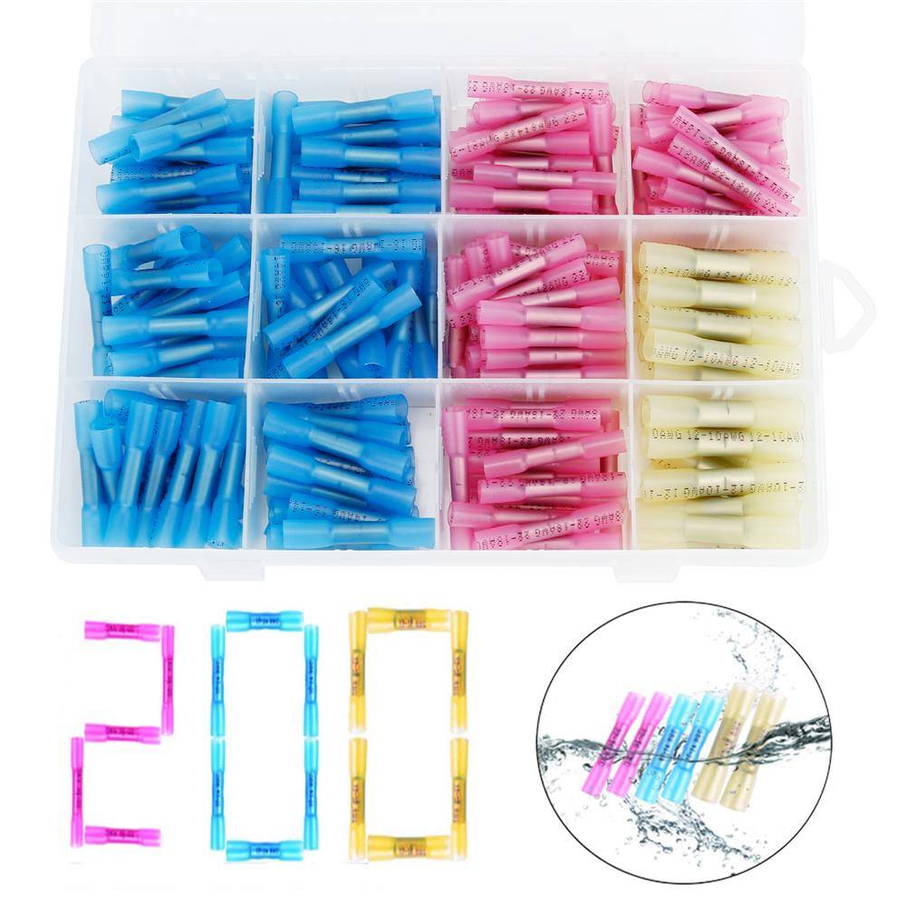 Intirilife 200er Box Quetschverbinder in 3 GRÖßEN – Schrumpfschlauch Set à 200 Stück mit Kupferrohr (0.8 – 1.0mm dünn) – Koffer mit Kupfer