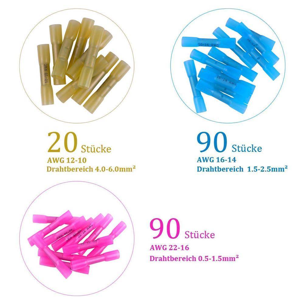 Intirilife 200er Box Quetschverbinder in 3 GRÖßEN – Schrumpfschlauch Set à 200 Stück mit Kupferrohr (0.8 – 1.0mm dünn) – Koffer mit Kupfer