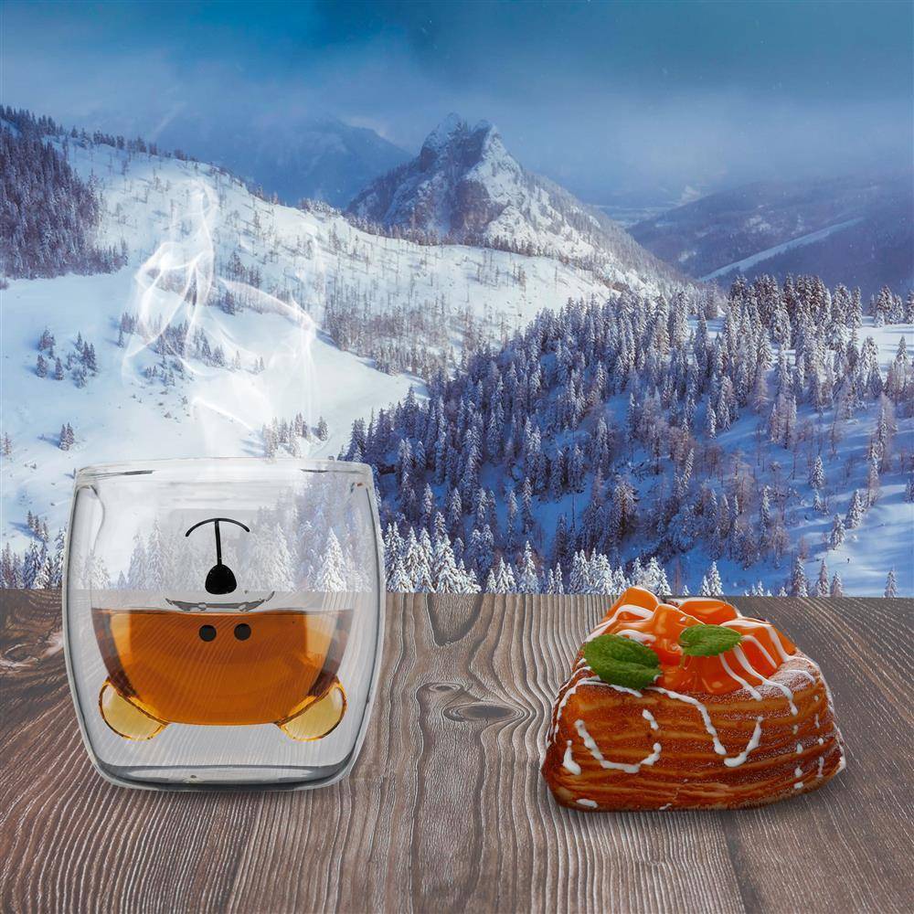 Intirilife 4x Doppelwandiges Thermo Glas Set in 230 ml im Bären Design – Thermoglas Thermogläser Mundgeblasen Latte Macchiato Teeglas Espressoglas