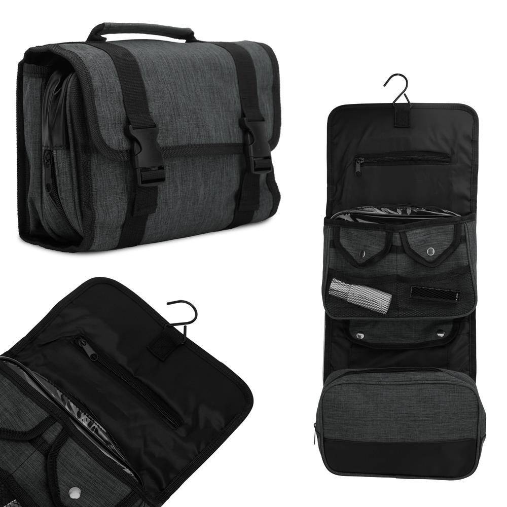 Intirilife Reisetasche in SCHWARZ – Faltbarer Kulturbeutel aufhängbar mit Kunststoff Schnallen, vielen Aufbewahrungsmöglichkeiten und Tragegriff