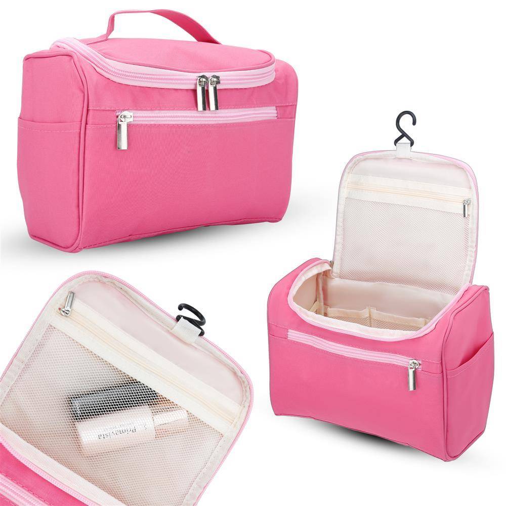 Intirilife Tragbare Kosmetiktasche in PINK – Geräumiger Polyester Kulturbeutel Koffer mit Tragegriff, Reißverschluss, Netz Fach und zahlreichen In