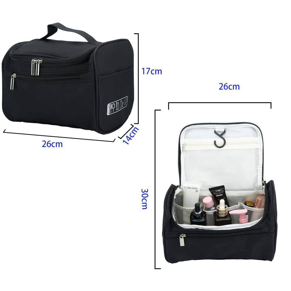 Intirilife Tragbare Kosmetiktasche in SCHWARZ – Geräumiger Polyester Koffer Kulturbeutel mit Tragegriff, Reißverschluss, Netz Fach und zahlreichen