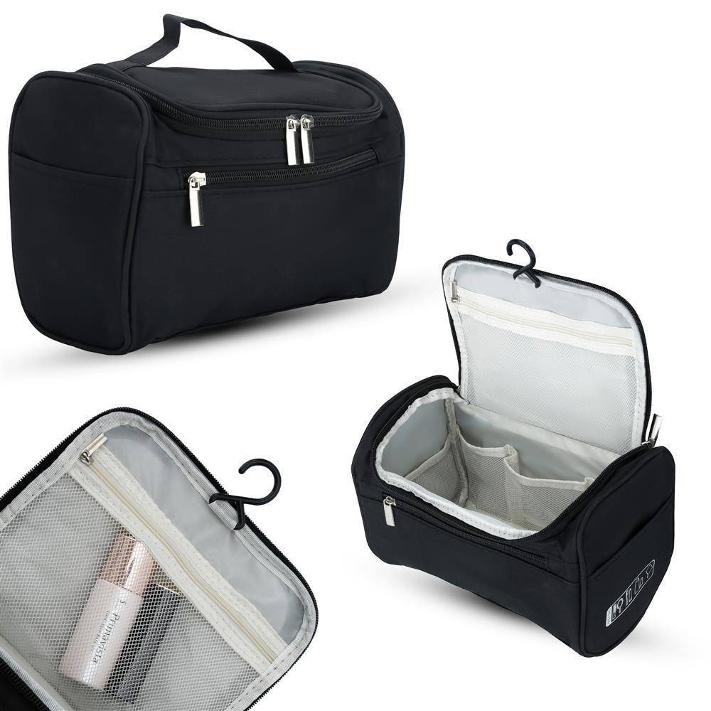 Intirilife Tragbare Kosmetiktasche in SCHWARZ – Geräumiger Polyester Koffer Kulturbeutel mit Tragegriff, Reißverschluss, Netz Fach und zahlreichen