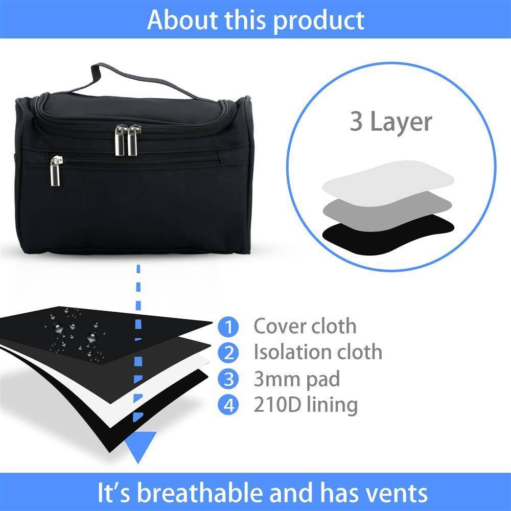 Intirilife Tragbare Kosmetiktasche in SCHWARZ – Geräumiger Polyester Koffer Kulturbeutel mit Tragegriff, Reißverschluss, Netz Fach und zahlreichen