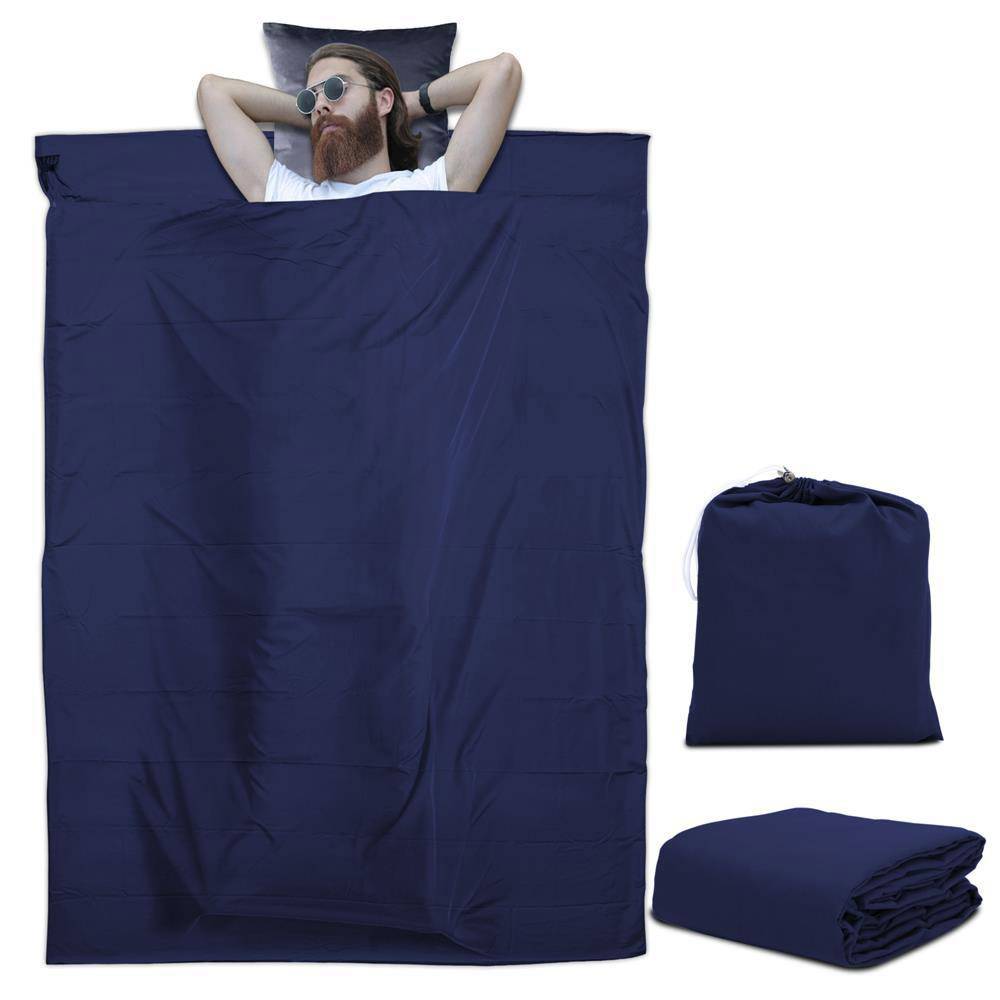 Intirilife Schlafsack 115 cm x 210 cm in DUNKEL BLAU – Dünner Hüttenschlafsack Reiseschlafsack aus Polyester mit Verschluss und Aufbewahrungsbeute