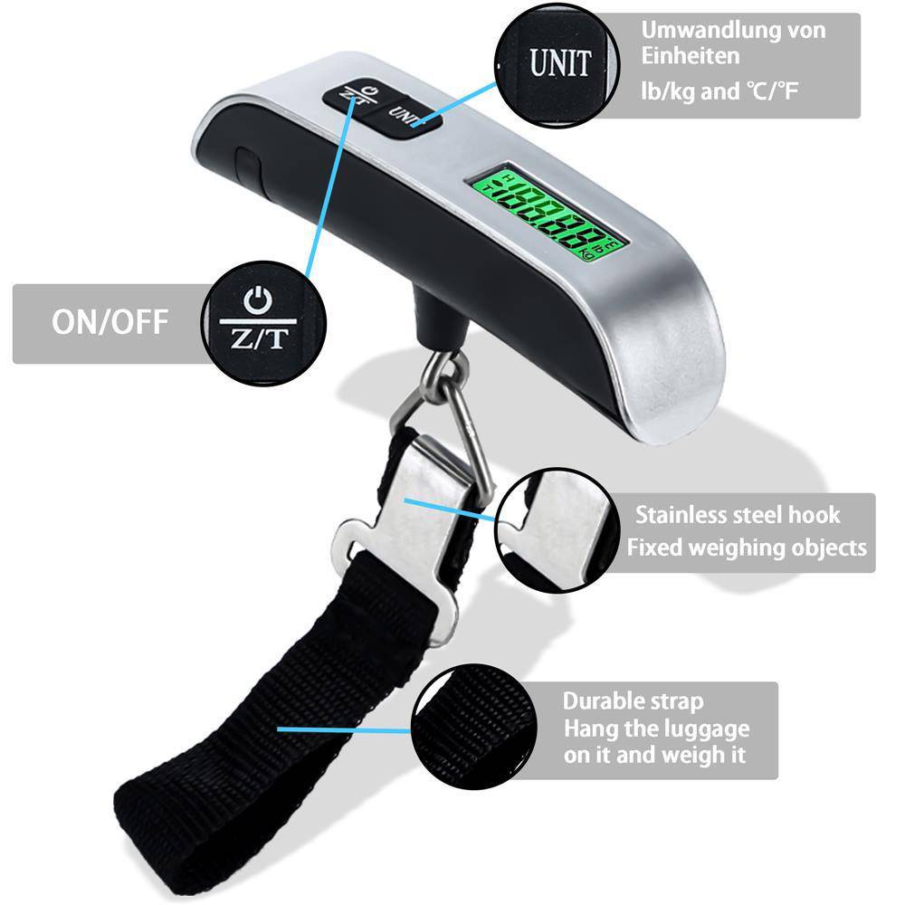 Intirilife Digitale Kofferwaage in SCHWARZ – Elektronische Gepäckwaage zum Wiegen von Koffern, Handgepäck, Reisetaschen – Tragbare Handwaage Hä