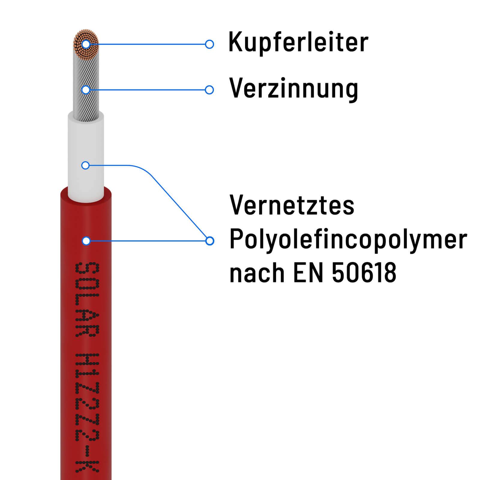 5m Solarkabel 6mm2 kabeltec PV Kabel für Solaranlagen H1Z2Z2-K Typ rot