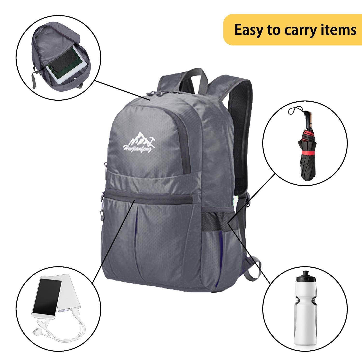 Intirilife Faltbarer Rucksack Ultraleicht in Grau - 36L Unisex Wanderrucksack Wasserdicht - Outdoor Daypack für Camping, Wandern, Reisen, Klettern