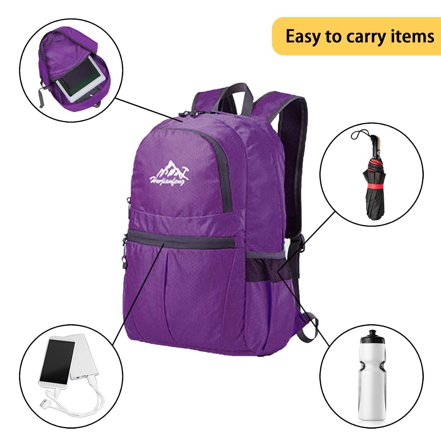 Intirilife Faltbarer Rucksack Ultraleicht in Violett - 36L Unisex Wanderrucksack Wasserdicht - Outdoor Daypack für Camping, Wandern, Reisen