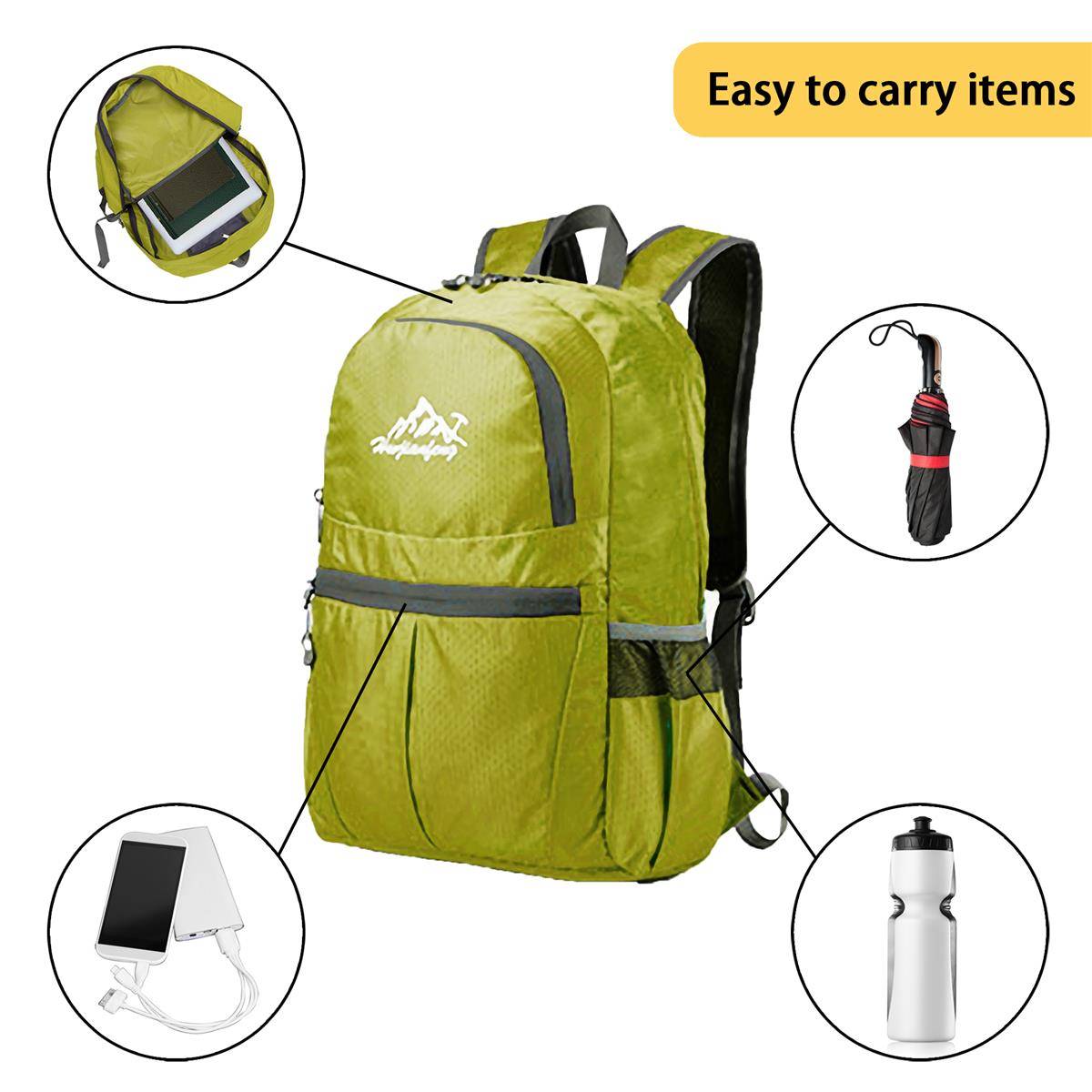 Intirilife Faltbarer Rucksack Ultraleicht in Limette - 36L Unisex Wanderrucksack Wasserdicht - Outdoor Daypack für Camping, Wandern, Reisen