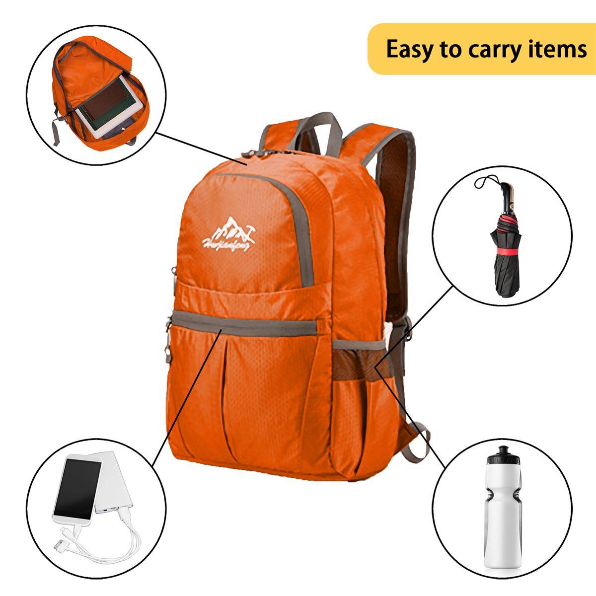 Intirilife Faltbarer Rucksack Ultraleicht in Orange - 36L Unisex Wanderrucksack Wasserdicht - Outdoor Daypack für Camping, Wandern, Reisen